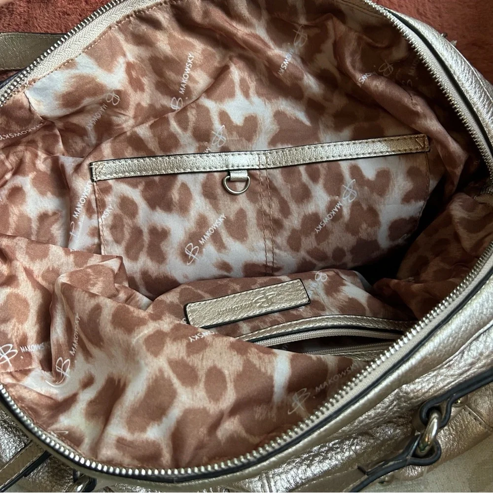 B.Makowsky Champagne Metallic Satchel Leather Crossbody Bag